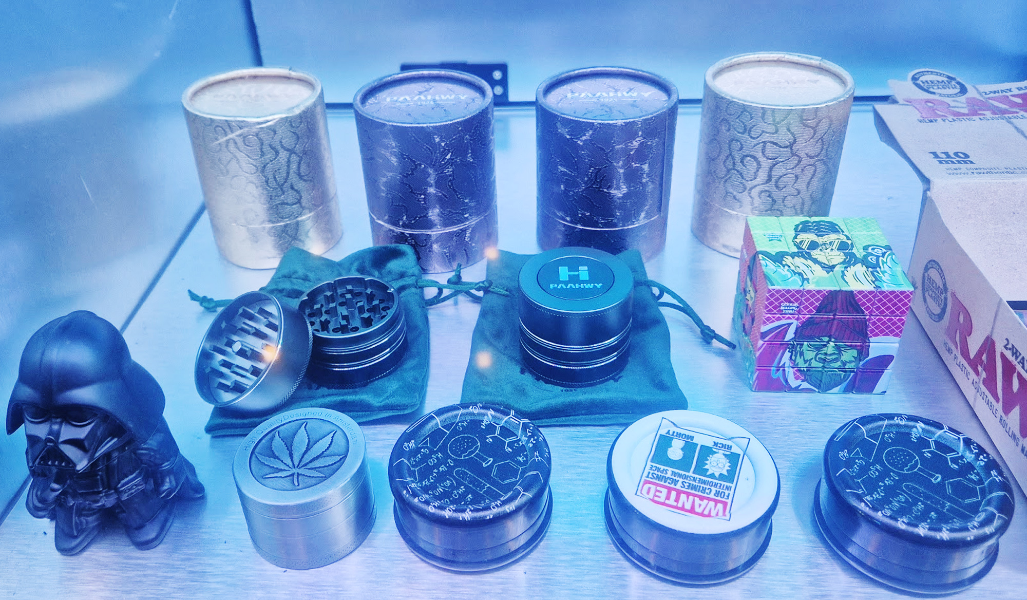 Cannabis accessories corner at TAIMATON in Pattaya — quality brand bongs, grinders, and unique design pieces