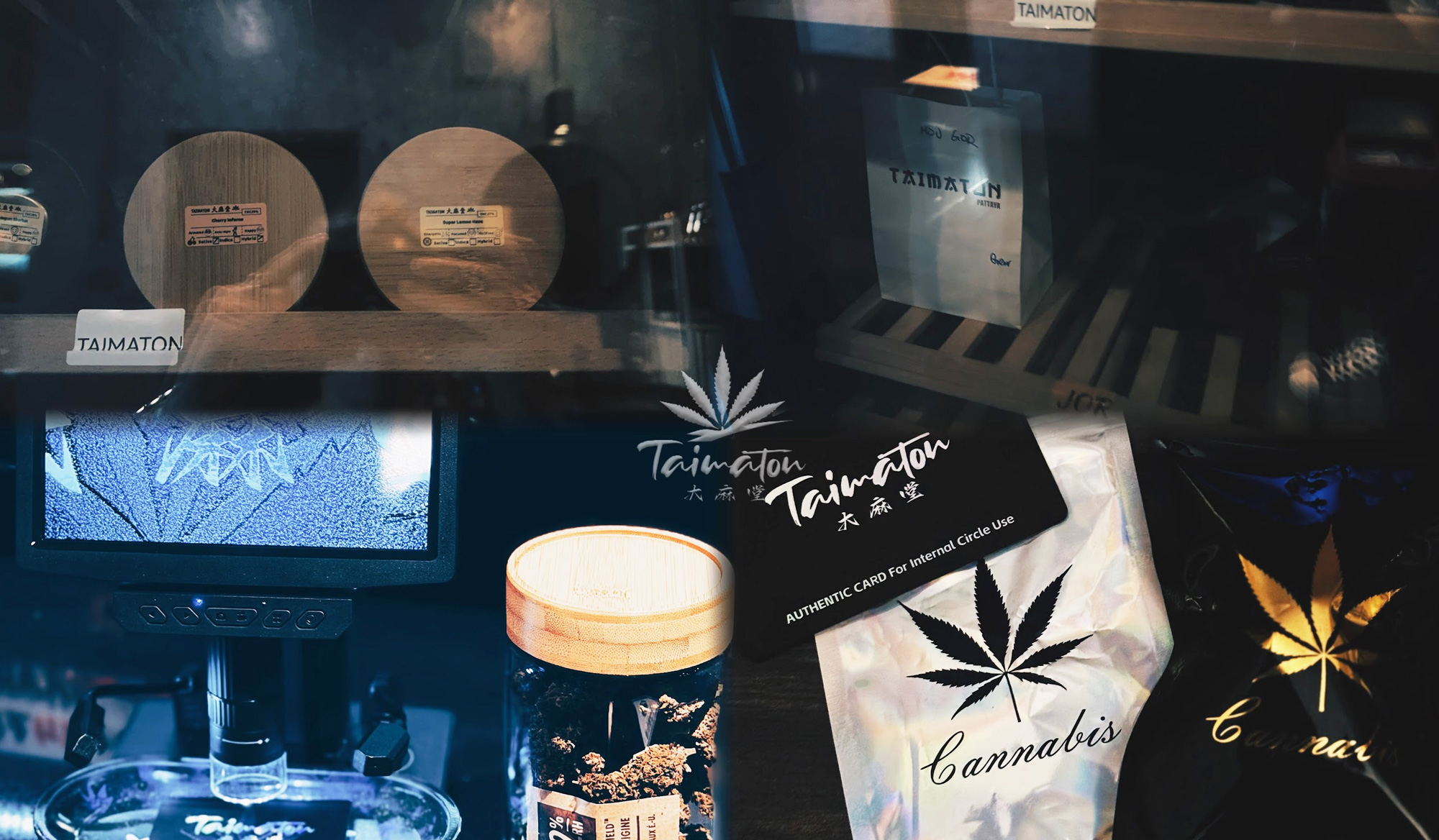Cannabis storage cabinet at TAIMATON in Pattaya — humidity-controlled sealed bags used to maintain quality