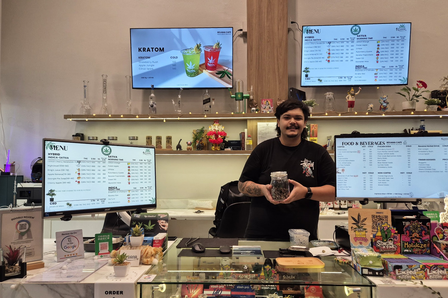 Strain lineup at Revana Café Silom — a selection of cannabis varieties from Thailand and abroad available at this Silom dispensary