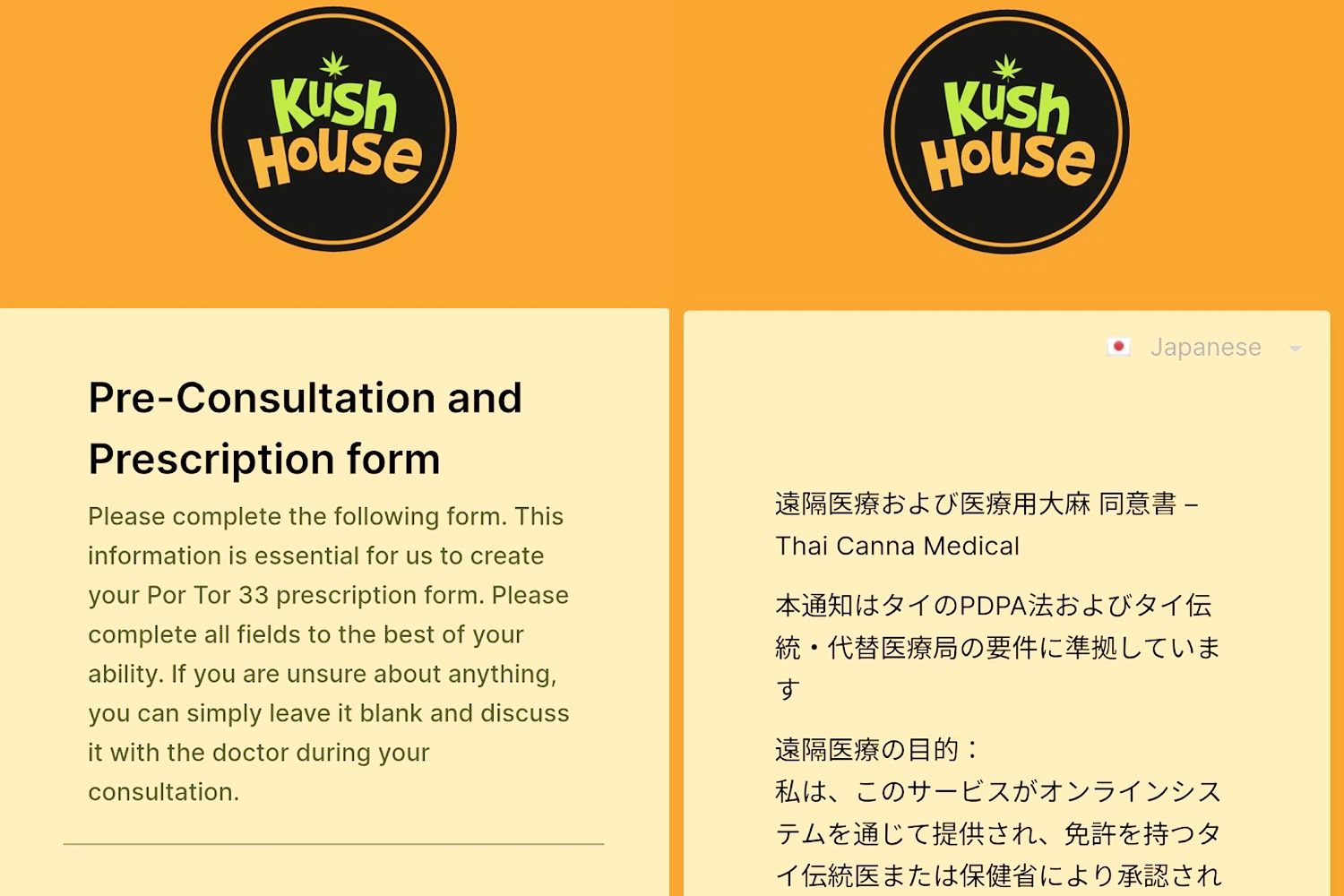 ThaiCannaMed online consultation form showing language selection and health questionnaire