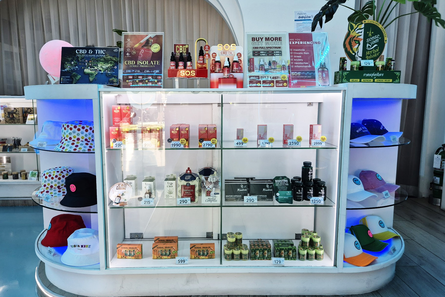 Cloud NineのCBD製品コーナー|SOSブランドCBDオイルとサプリメント|タイ国外持ち出し可能なカナビノイド商品