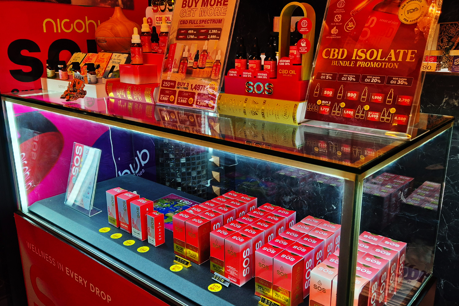 Wonderland BangkokのCBDプロダクトコーナー｜SOSブランドのCBDオイルラインナップ