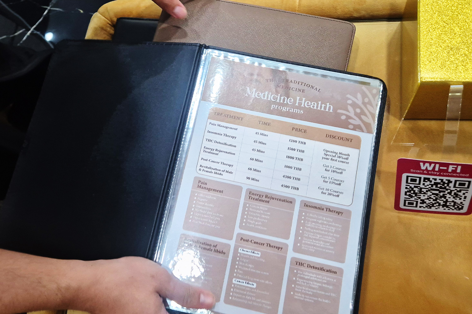 Wonderland Clinic treatment menu — cupping, office syndrome treatment, and traditional Thai therapy