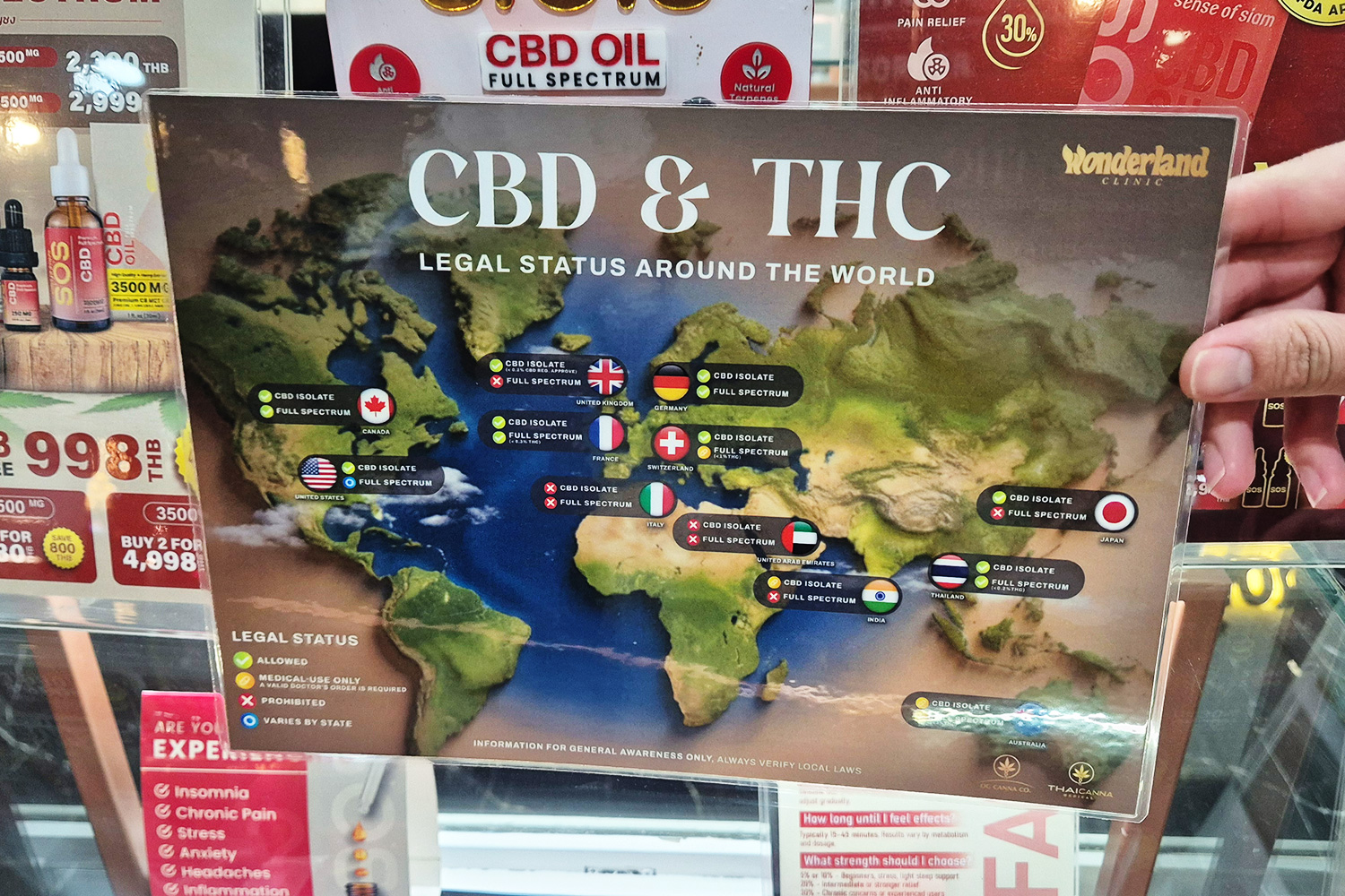 CBD and THC legal status world map panel displayed at Wonderland Clinic