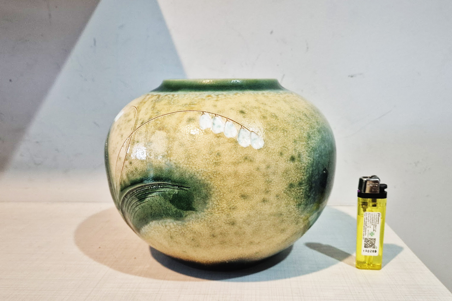 Shigaraki-style green glaze kiln-change round jar purchased for cannabis bonsai