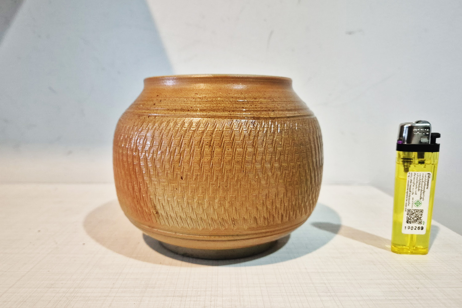 Tsuboya yachimun basket-weave carved round jar by ceramicist Kinjo Matsu, aged 80